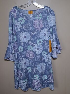 Ruby Rd. Women's NWT Purple Floral Round Neck 3/4 Sleeve Mini Dress; Size PM